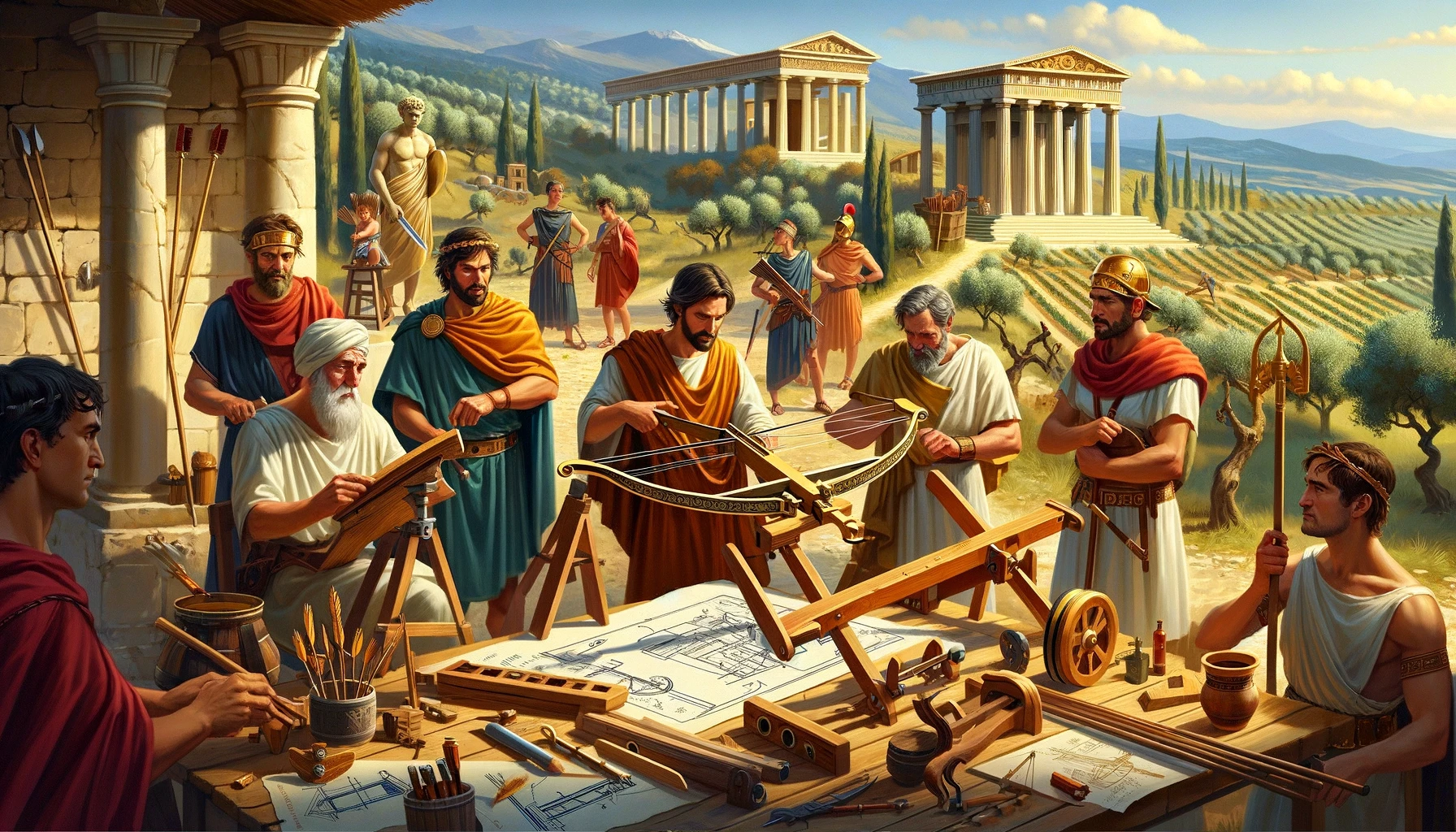 Ingénieurs et guerriers grecs et romains collaborant sur le développement d'une arbalète, dans un atelier en plein air avec architecture classique