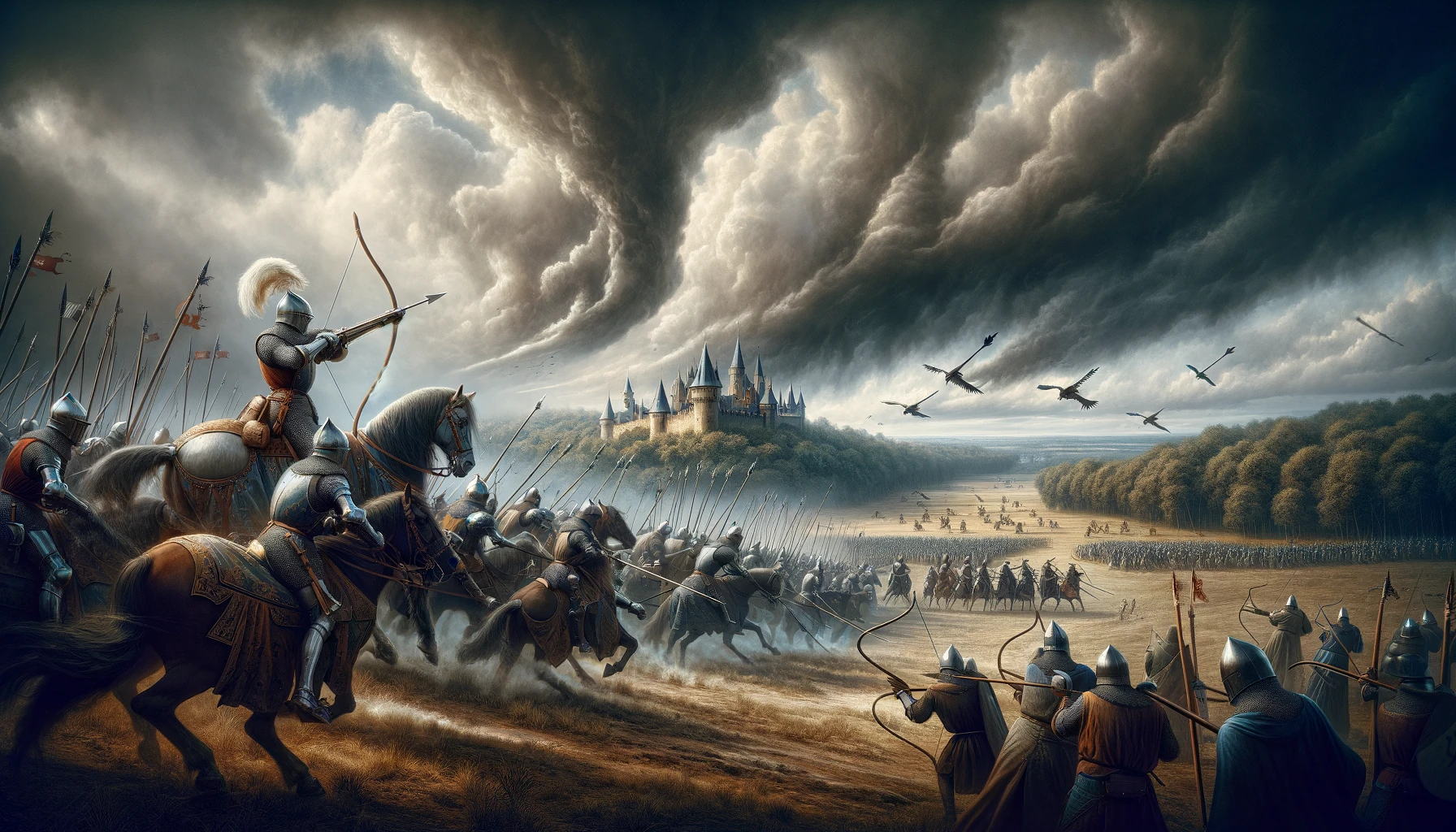 Scène de bataille médiévale intense illustrant la Guerre de Cent Ans, avec chevaliers en armure et archers longbow